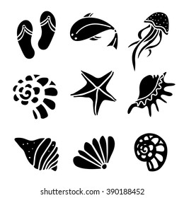 Seashells, flip flop sandals, fish, jellyfish, starfish, icons set, black silhouettes isolated. Design elements, logo