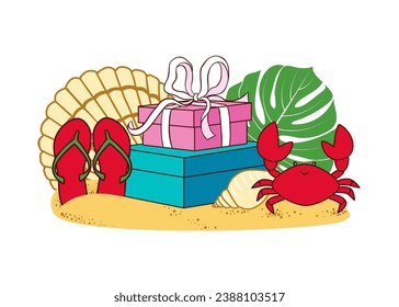 Seashells, flip flops, monstera leaf, crab and gifts.
Tropical beach Christmas. Festive vector illustration.