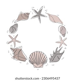 Seashells frame in doodle style. One line drawing of a shell. Hand drawn marine illustrations of seashells. Summer tropical ocean beach style.