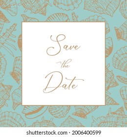 Seashells frame wedding invitation save the date card. Blue green gold and white Luxury vintage vector illustration