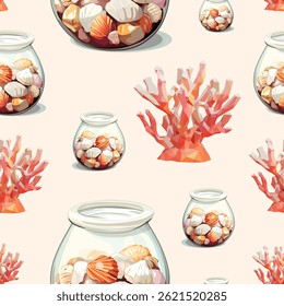 Conchas em frascos de vidro e padrão sem emenda de coral. Conchas oceânicas e fundo de vetor de decoração de coral