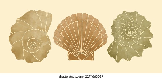 Seashells hand drawn doodle silhouette with watercolor background. Marine illustration set of ocean shells isolated on yellow background