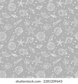 Seashells hand drawn pattern. Vector graphic, grey colour. Texture