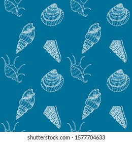 Seashells hand drawn sketch seamless pattern. Sea creature textile background template. Vector illustration.