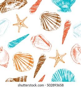 Seashells hand drawn vector colorful etching sketch isolated on white background, seamless pattern, underwater artistic marine blue texture, design for greeting card, decorative textile, water fabric