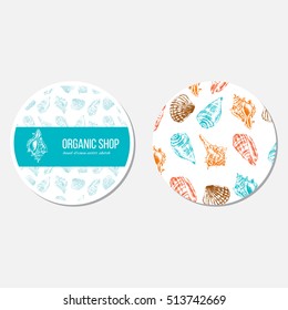Seashells hand drawn vector colorful sketch isolated on white background, seamless pattern, underwater decorative marine blue texture, template label, layout design for card, beauty salon, cosmetics