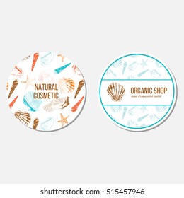 Seashells hand drawn vector colorful sketch isolated on white background, seamless pattern, underwater decorative marine blue texture, template label, layout design for card, beauty salon, cosmetics