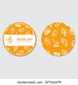 Seashells hand drawn vector colorful sketch isolated on orange background, seamless pattern, underwater decorative marine texture, template label, layout design for cards, beauty salon, cosmetics