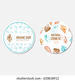 Seashells hand drawn vector colorful sketch isolated on white background, seamless pattern, underwater decorative marine blue texture, template label, layout design for card, beauty salon, cosmetic