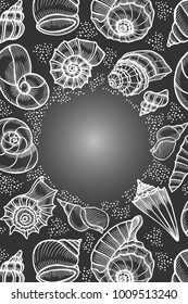 Seashells hand drawn vector etching sketch isolated on black background, decorative square frame, underwater artistic marine texture, template label, layout design for card, beauty salon, spa, banner