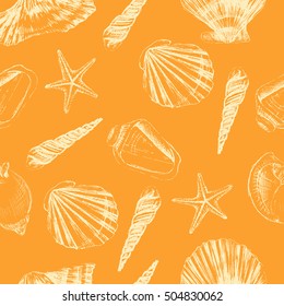 Seashells hand drawn vector etching sketch isolated on orange background, seamless pattern, underwater artistic marine decorative texture, design for greeting card, summer textile, water fabric, paper