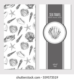 Seashells hand drawn vector etching sketch isolated on white background, seamless pattern, underwater artistic marine texture, template label, layout design for card, beauty salon, decorative banner