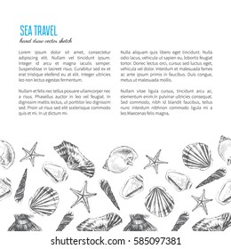 Seashells hand drawn vector etching sketch isolated on white background, decorative frame, border, underwater artistic marine texture, template label, layout design for card, beauty salon, restaurant