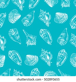 Seashells hand drawn vector graphic etching sketch isolated on white background, seamless pattern, underwater artistic marine blue texture, design for greeting card, decorative textile, water fabric