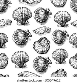 Seashells hand drawn vector graphic etching sketch isolated on white background, seamless pattern, underwater artistic marine ornament, design for card, wallpaper, decorative texture, wrapping paper.