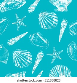 Seashells hand drawn vector graphic etching sketch isolated on blue background, seamless pattern, underwater artistic marine blue texture, design for greeting card, decorative textile, water paper