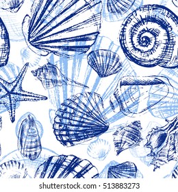 Seashells hand drawn vector graphic etching sketch isolated on white background, seamless pattern, underwater artistic marine blue texture, design for greeting card, decorative textile, wallpaper