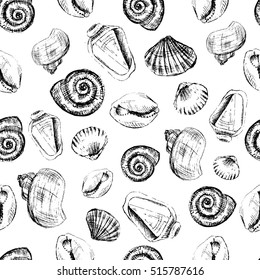 Seashells hand drawn vector graphic etching ink sketch isolated on white background, seamless pattern, underwater artistic marine texture, design for restaurant menu, decorative textile, wallpaper