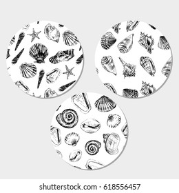 Seashells hand drawn vector graphic etching sketch isolated on white background, seamless pattern, underwater artistic marine black texture, design for greeting card, decorative textile, water fabric