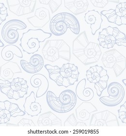 Seashells hand drawn vector seamless pattern in white and light blue tones