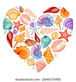 Seashells in heart shape isolated on white background. Summer background with colorful shells.. Vector illustration for beach, marine, coastal theme prints design