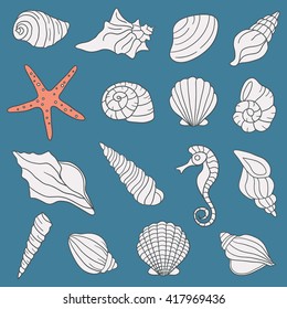 Seashells icon hand drawn vector. Doodle colorful background. Marine illustration with sketch objects and shell icon