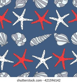 Seashells icon seamless pattern vector. Doodle colorful background. Marine illustration with sketch objects and shell icon. Sea cartoon