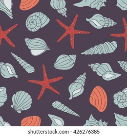 Seashells icon seamless pattern vector. Doodle colorful background. Marine illustration with sketch objects and shell icon