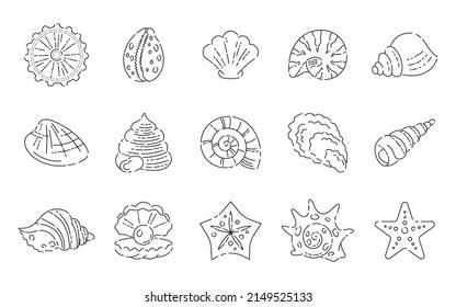 Seashells icon set. Vector perfect linear black and white marine logo collection.