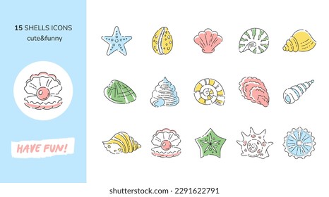 Seashells icons set. Pixel perfect editable stroke linear vector collection of seashells, cockleshell, conch, scallop, clamshell, oyster shell, cowrie, periwinkle, abalone. Isolated outline icons.