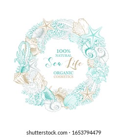 Seashells isolated vector round wreath. Marine algae and corals golden art line design for cosmetics package, wedding cards. Ocean sea shell, minerals label template. Gold foil circle wreath