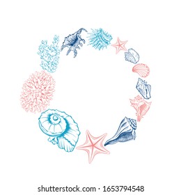 Seashells isolated vector round wreath. Marine algae and corals line art design for cosmetics package, wedding cards. Ocean sea shell, minerals label template. Circle wreath
