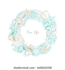 Seashells isolated vector round wreath. Marine algae and corals golden art line design for cosmetics package, wedding cards. Ocean sea shell, minerals label template. Gold foil circle wreath