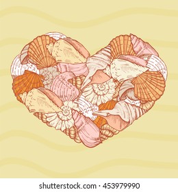 seashells lie in the shape of a heart in the sand, vector illustration