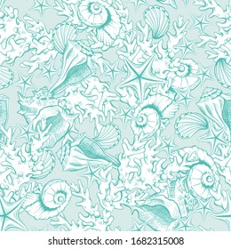 Seashells line art pattern background, vector line art sketch sea shells, corals and starfish engraving. Marine and ocean seashells in turquoise blue, green for wedding,  bridal decoration background