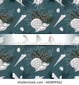 Seashells line art vector seamless pattern with ocean corals and algae in different forms on a turquoise background. Sea life, seashells collection underwater isolated hand drawn concept illustration.