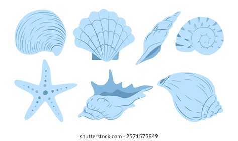 Seashells, Marine Starfish, Aquatic Mollusk. Tropical Beach shells. Hello Summer, Vacation. Vector Undersea collection for greeting cards, branding, logo design, wedding invitations, posters, postcard