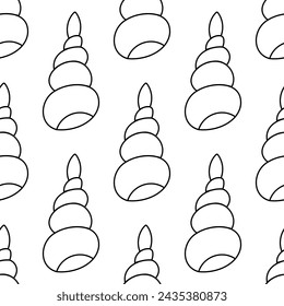 Seashells molluscs. Snails in shells. Summer Seamless Pattern Background. Animals of the sea. line seafood. Print for children's and adult clothing. Hand drawn vector illustration. doodle coloring