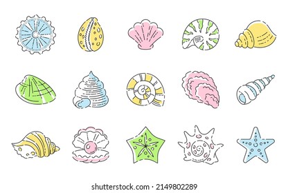 Fijación de iconos de cascos y moluscos. Diferente mar y varias conchas de playa logotipos y signos de delgado contorno de línea. Colección de cáscaras de mar vectorial aisladas Arte de línea para web, iconos de aplicación y logo de contorno. 