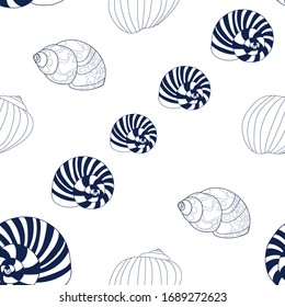 Muscheln in Marinefarbe auf weißem Hintergrund. Nahtlose Vektorillustration.