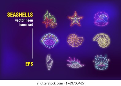 Seashells neon signs set. Shellfish, cockleshell, starfish, pearl, ocean life. Night bright advertising. Vector illustration in neon style for banners, posters, diving flyer design