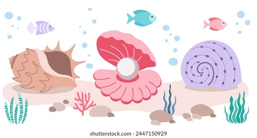Seashells and Ocean plants set in simple style. Seaweed collection in flat design on a white background. 


