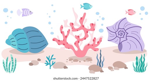 Seashells and Ocean plants set in simple style. Seaweed collection in flat design on a white background. 
