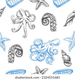 Seashells, octopus, octopus tentacle seamless pattern. Hand drawn sketch illustration. Collection of realistic ocean creatures isolated on white background.