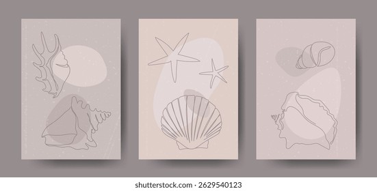 Seashells on abstract background. Seashells vintage poster set. One line drawing of a shell. Summer cards textured concept.
