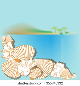 seashells on a background of blurred sea, palm trees