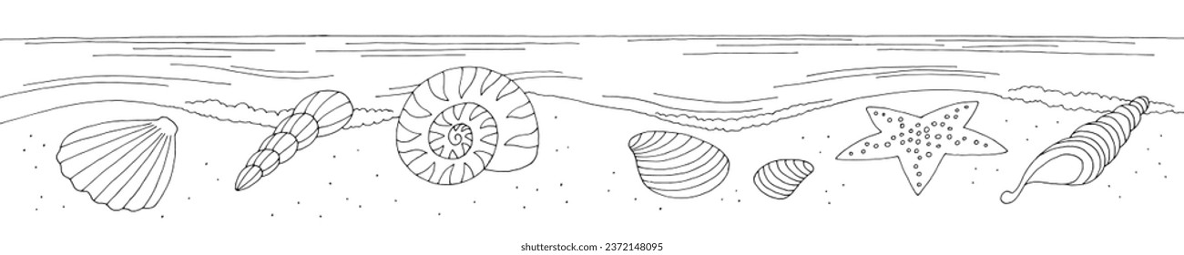 Seashells on the beach graphic black white long landscape sketch illustration vector