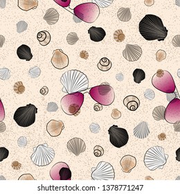 Seashells on the beach sand and pink sunglasses. Vector seamless pattern.