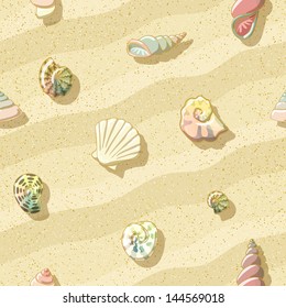 seashells on the beach, seamless background, vector illustration, eps 10