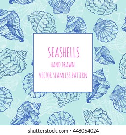 Seashells. on a blue background. Black Sea Clam, marine life. Hand-drawn vector seamless pattern